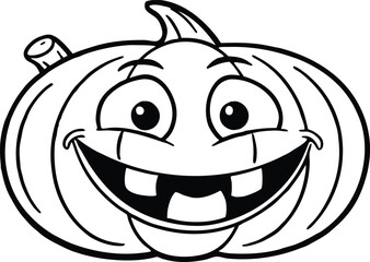 Black and white cartoon pumpkin with wide grin and missing teeth