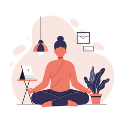 A person meditates peacefully in a minimalist, modern, and calming interior space.