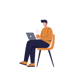 A person working on a laptop while holding a cup of coffee, sitting on a chair.