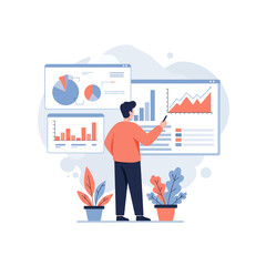 A man in an orange sweater presenting data analysis on digital screens, pointing to charts.