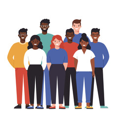 A diverse group of smiling people standing together, representing unity and teamwork.