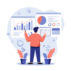 Man presenting data charts and graphs on screens, holding a tablet and pointer, surrounded by decorative plants.