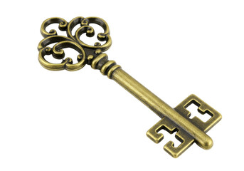 Isolated decorative ornate antique key in the Victorian style, vintage metal object