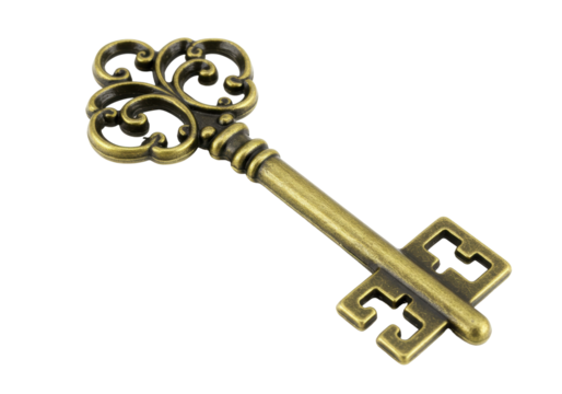 Isolated decorative ornate antique key in the Victorian style, vintage metal object - Powered by Adobe