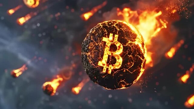 Bitcoin's Fiery Descent: Illustrative visual depicting a bitcoin symbol engulfed in flames and hurtling through space, possibly symbolizing financial volatility, risk, or crisis.