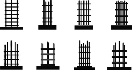 Reinforced Concrete Column Design Vector – Structural Engineering Silhouette Showing Rebar Layouts, Tie Configurations, and Construction Techniques for Stability