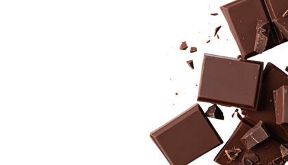 Chocolate squares and small pieces of chocolate arranged on the right side of the frame transparent png