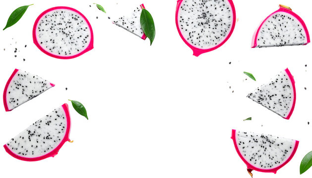 Sliced dragon fruit with white flesh, black seeds, pink rind, and green leaves, isolated cutout