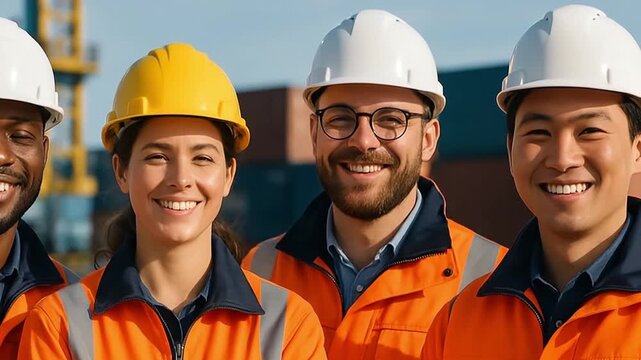 Diverse group of construction workers wearing safety helmets and orange vests, smiling confidently in an outdoor industrial setting, showcasing teamwork and professionalism - Powered by Adobe