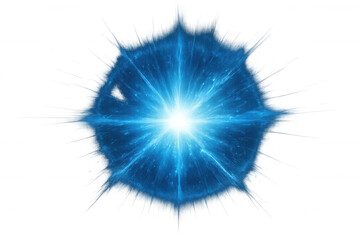 Blue light energy explosion with starburst elements creating abstract portal effect, glowing digital flare on transparent