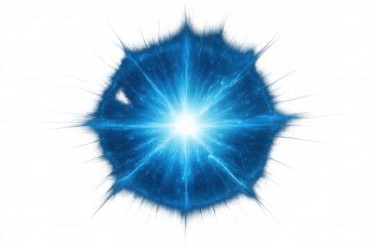 Blue light energy explosion with starburst elements creating abstract portal effect, glowing digital flare on transparent