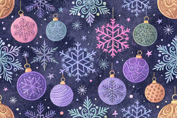 A cozy and festive winter seamless pattern with snowflakes, pine branches, and delicate Christmas tree decorations on a dark textured background