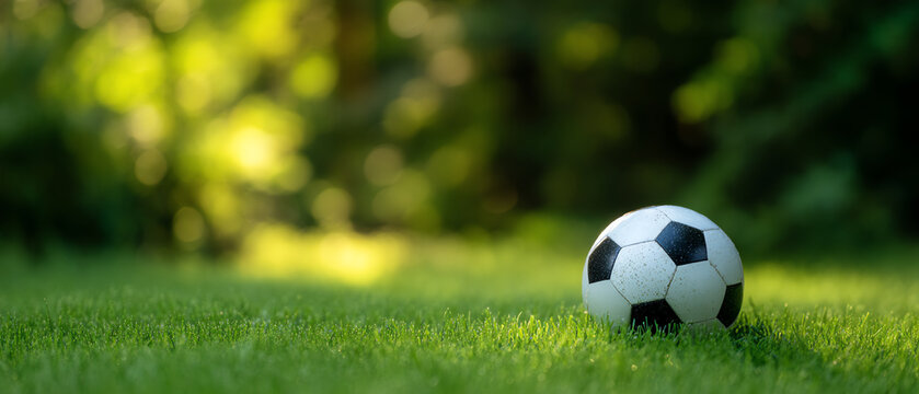 A classic black and white soccer ball resting on vibrant green grass with a blurred natural background, bathed in soft sunlight