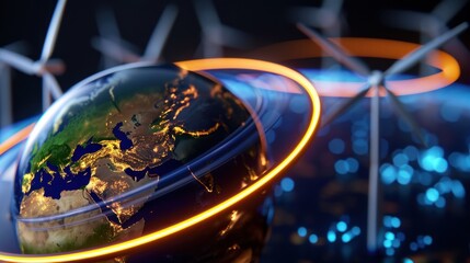 Earth globe with glowing rings and wind turbines in the background, symbolizing renewable energy and sustainable technology