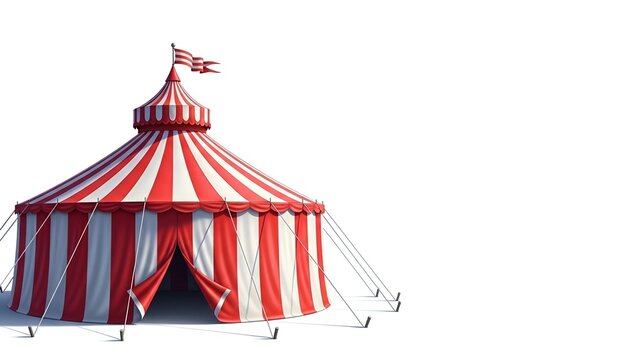 Striped Red and White Circus Tent with Flags on White Background