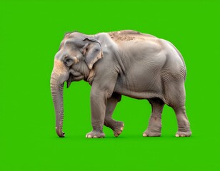 Obraz premium Elephant on the move: An Asian elephant strides confidently, showcasing its strength and graceful movements, against an intense green backdrop.