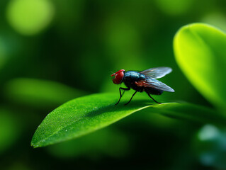 Naklejka premium Close-up of a blue bottle fly with red eyes perched on a vibrant green leaf against a blurred natural background