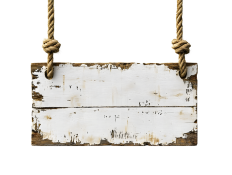 Rustic wooden sign hung by rope with distressed white surface for messaging isolated on transparent background