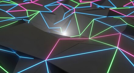 Abstract geometric network with vibrant glowing lines, perfect for tech, data, and futuristic concepts, offering a modern design.