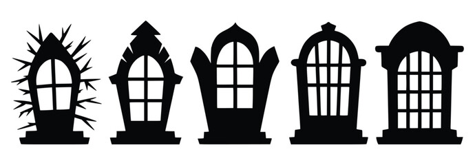 Elegant Window Silhouette: A collection of ornate window silhouettes showcasing various architectural styles. Each window frame provides a peek into the intricate designs and shapes.
