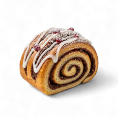 Delicious cinnamon roll pastry with icing and toppings isolated on a white surface isolated on transparent background
