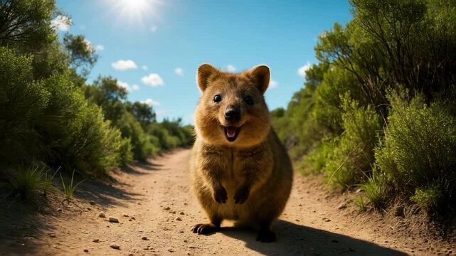Close-up video shot of a cheerful quokka on a sunny dirt path, capturing its joyful expression. Low-angle view enhances the vibrant outdoor setting. Live desktop wallpaper.