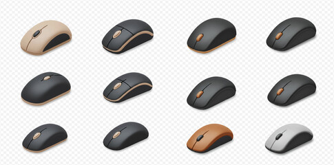 Isometric view of a collection of wireless computer mice in various colors and designs.