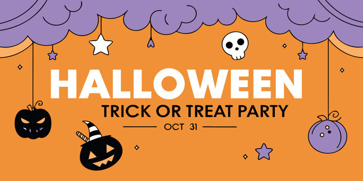 Halloween Trick or Treat Party, Cute Pumpkin Skull and Stars, October 31st Celebration, Spooky Fun for Kids, Colorful Illustration for Festive Events