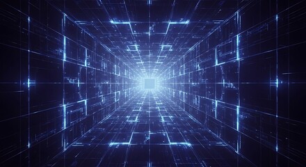 Dynamic digital tunnel with glowing blue lines, perfect for futuristic technology, data visualization, and cybersecurity concepts.