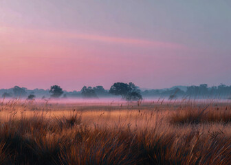 tranquil landscape of tall grasses bathed in warm light under a soft pink and purple sunrise sky, with trees silhouetted in the gentle morning mist