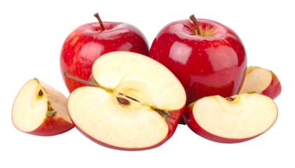 Two whole red apples, one apple cut in half, and two apple slices, all on a white background transparent png