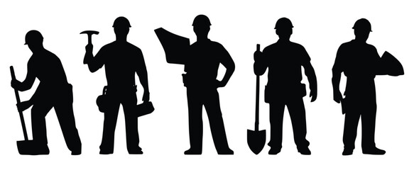 Building Team Silhouettes: Silhouetted figures of construction workers, each diligently focused on their specific task, symbolizing dedication and precision.