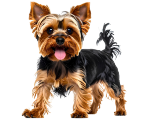Cute Yorkshire Terrier Dog Sticking Tongue Out Playfully, isolated on transparent background, PNG
