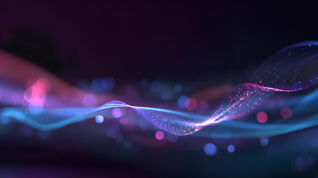 Neon background of purple and blue gradient glowing digital waves. Futuristic technology concept, vibrant energy. Dynamic waves flow with neon light and bokeh. Innovations, virtualization. 