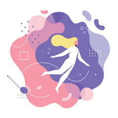 Abstract woman floats amidst pink and purple organic shapes and geometry