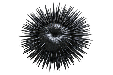 Spiky, metallic orb with a dark center against a stark black background