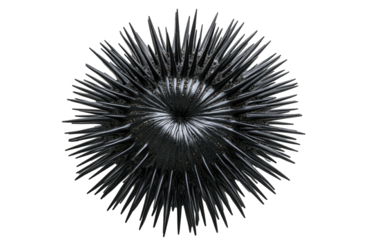 Spiky, metallic orb with a dark center against a stark black background