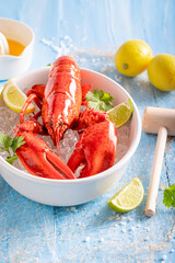 Boiled red lobster as mediterranean traditional dinner.