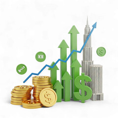 Financial growth and investment success symbolized by coins arrows and graphs on a light background isolated on transparent background