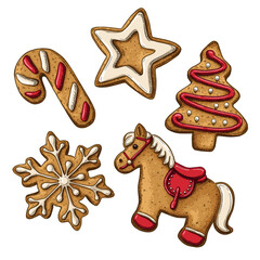 Christmas gingerbread hand drawn cookies. Christmas tree, star, horse, candy, snowflake. Vector illustration.