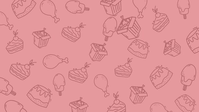 Repeating pattern of chicken sweets and ice cream. Perfect for foodthemed designs, packaging, and advertisements. Ideal for childrens products.