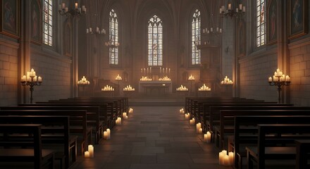 Obraz premium Interior view of a church illuminated by candles with rows of pews and stained glass windows visible