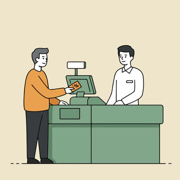 Shopper gives cashier a discount coupon at the register