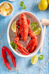 Steamed red lobster as mediterranean traditional dinner.