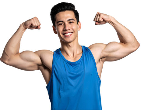 Young Male Athlete in Blue Singlet Flexing Muscles in Victory Pose, isolated on transparent background, PNG