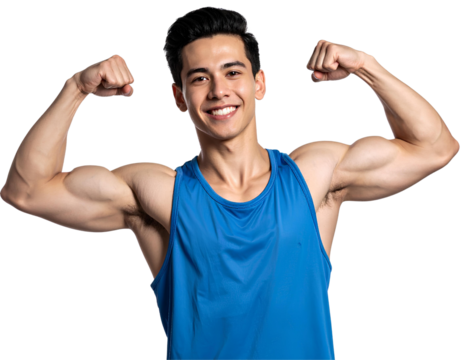 Young Male Athlete in Blue Singlet Flexing Muscles in Victory Pose, isolated on transparent background, PNG