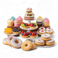 Abundant assortment of delicious baked goods and sweet desserts displayed together isolated on transparent background