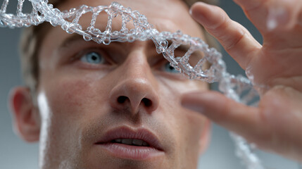 A medical scientist touches holographic DNA