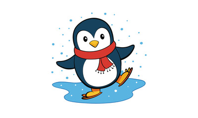 Cute Penguin with Red Scarf Cartoon Illustration