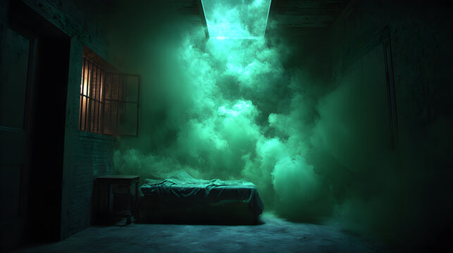 old abandoned house with green smoke isolated on PNG